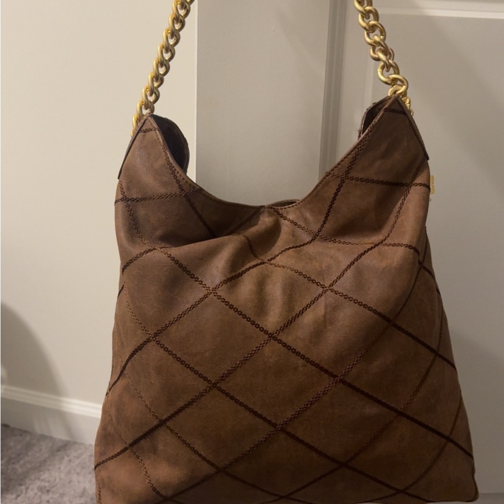 Tory Burch Brown Quilted Satchel with Gold Chain